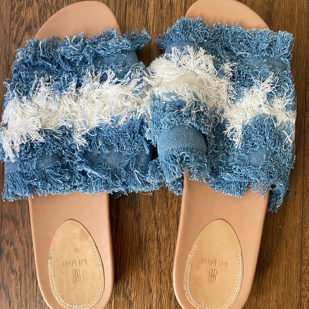 Bill Blass by Chris Benz denim fringe flat slides